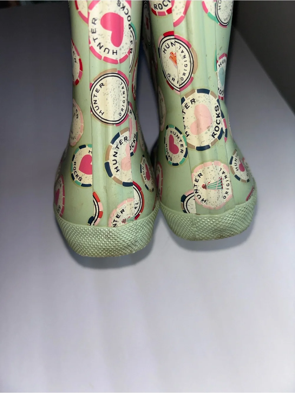 Hunter Kids Mint Green Rain Boots with Pink Badge Pattern